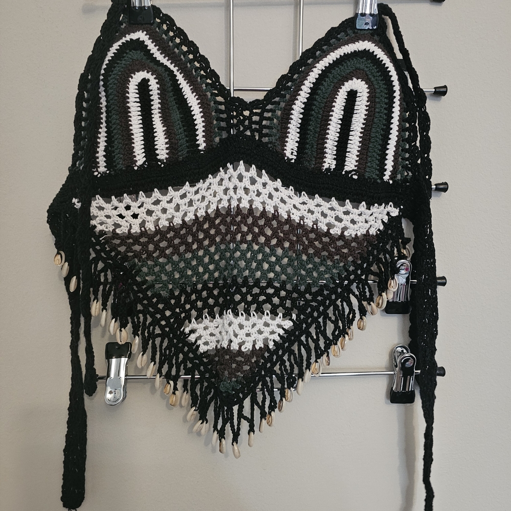 Island Planet Women's Green Brown & White Crochet Halter Top Shell Accents Sz S
